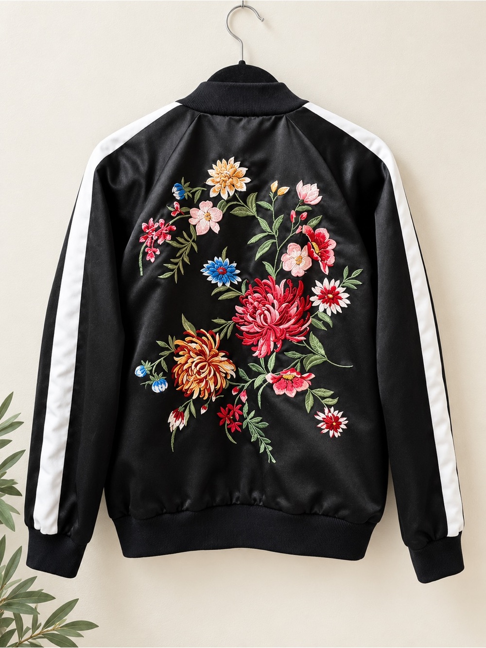 Black Floral Embroidered Bomber Jacket